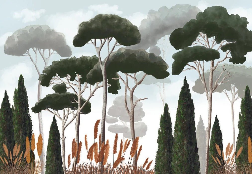 Custom wallpaper featuring cypress trees, pine trees, and pampas grass