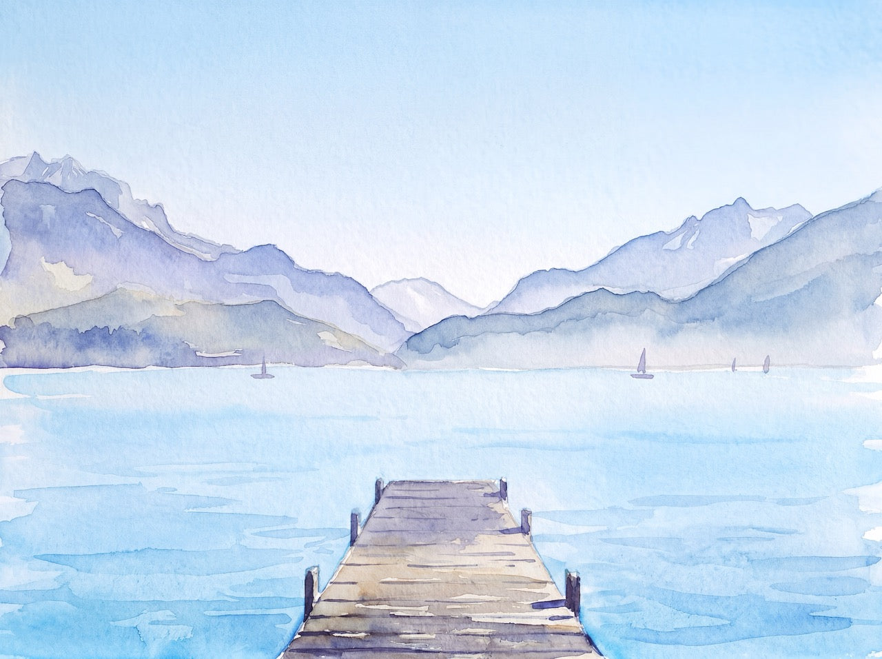 Papier peint aquarelle ponton lac Annecy - Perspective - Muralconcept