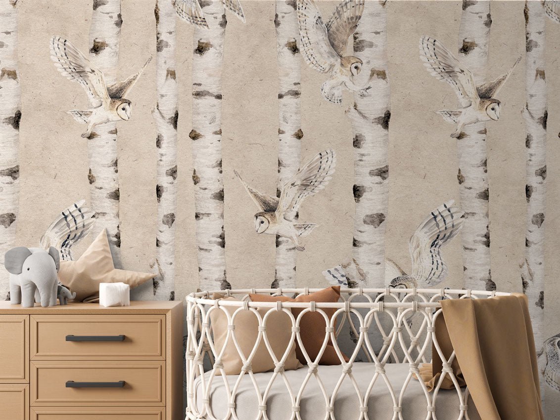 Papier peint enfant - chouettes & bouleaux - Muralconcept