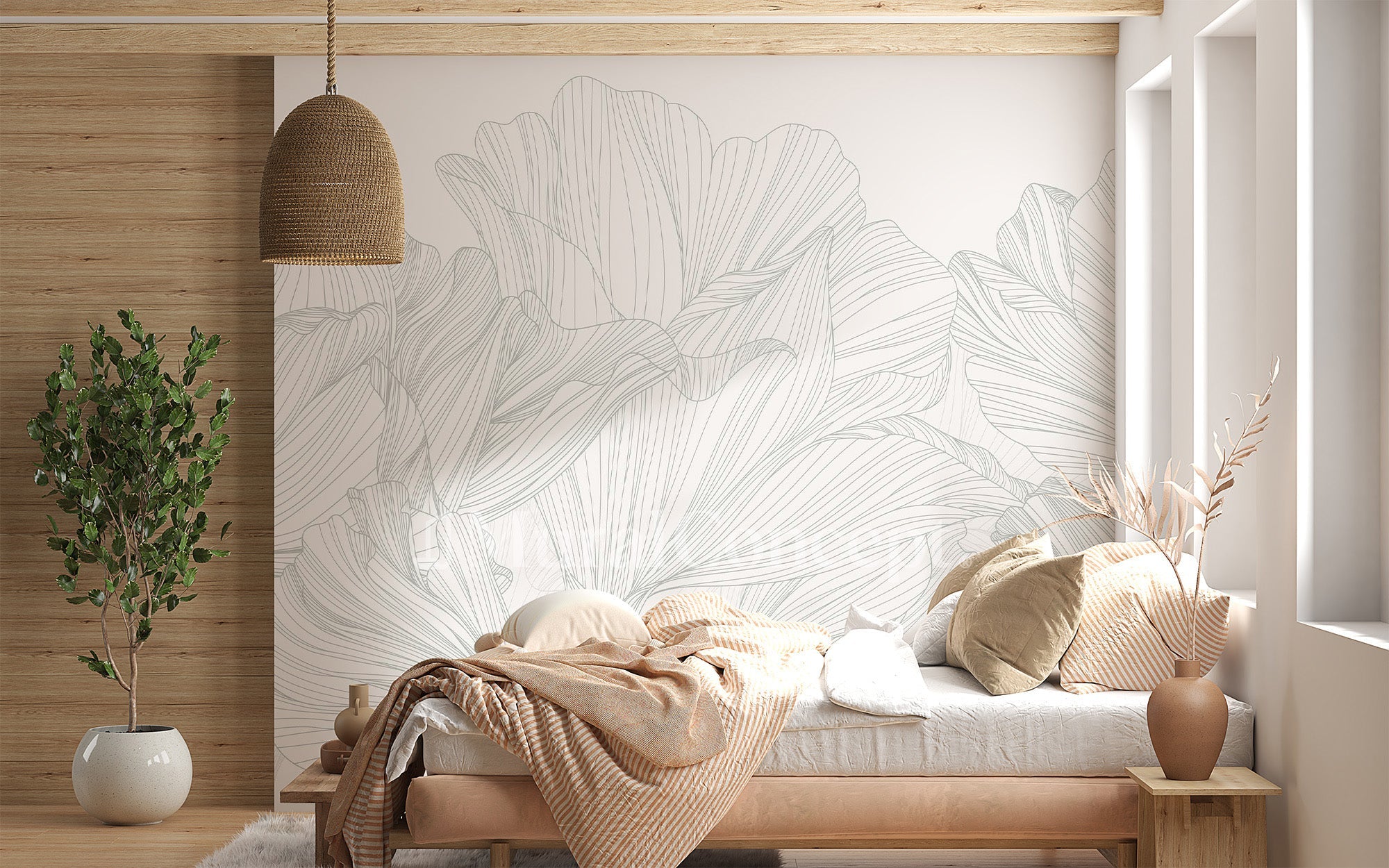 Panoramic wallpaper grey and white waltz of flowers, XXL, tendance