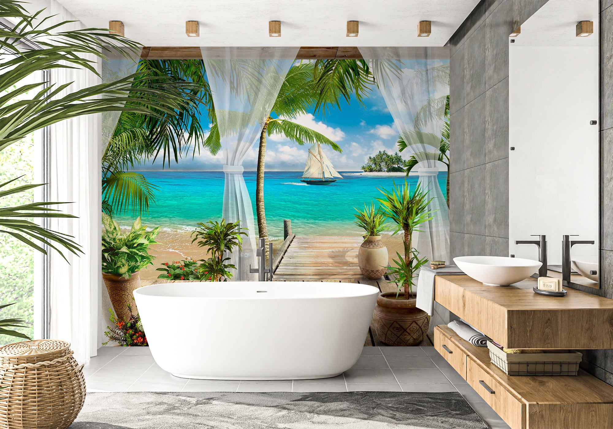 Papier peint salle de bain Windows Sea, XXL, tendance