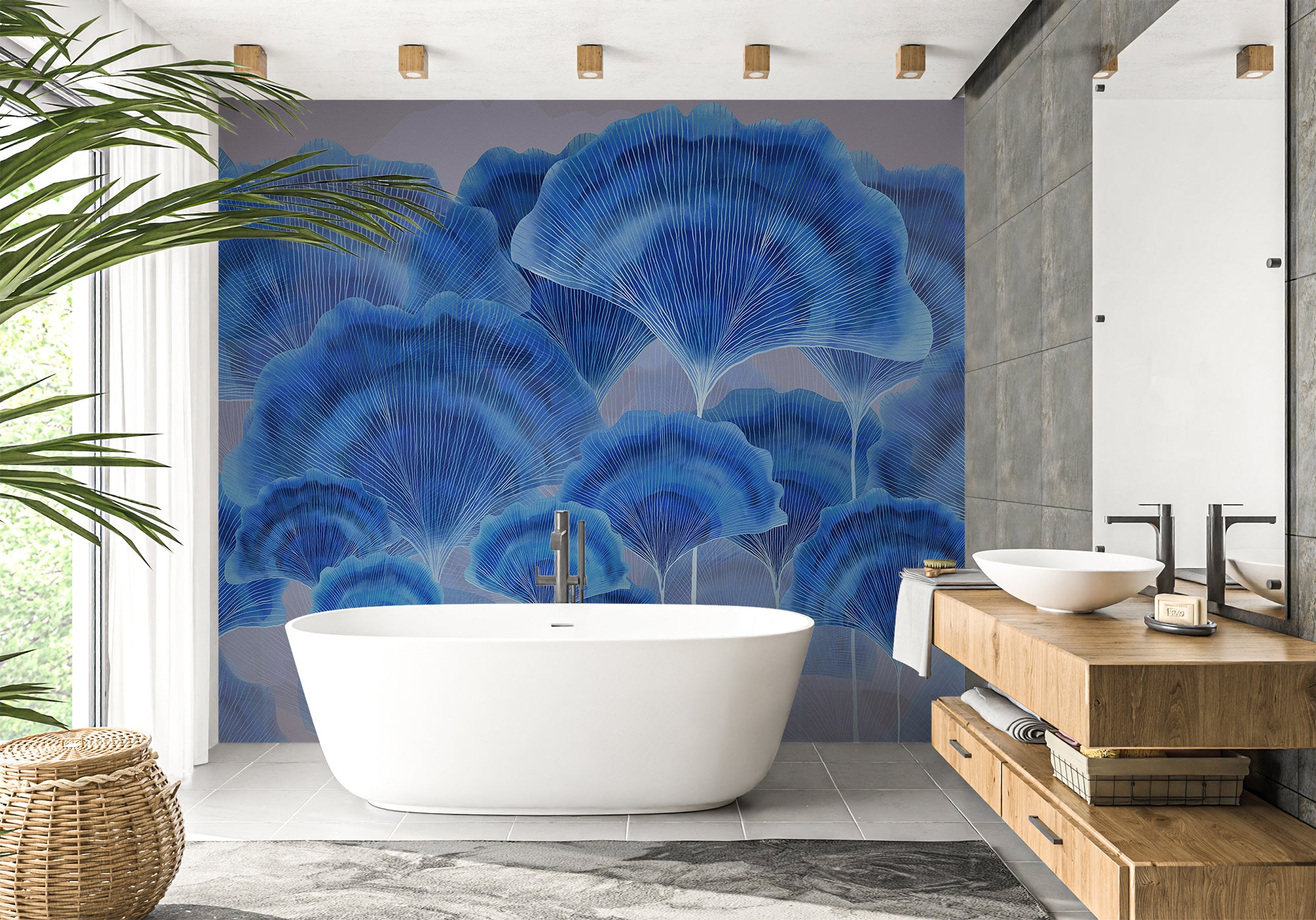 Papier peint salle de bain contemporain ginkgo zen bleu, XXL, tendance