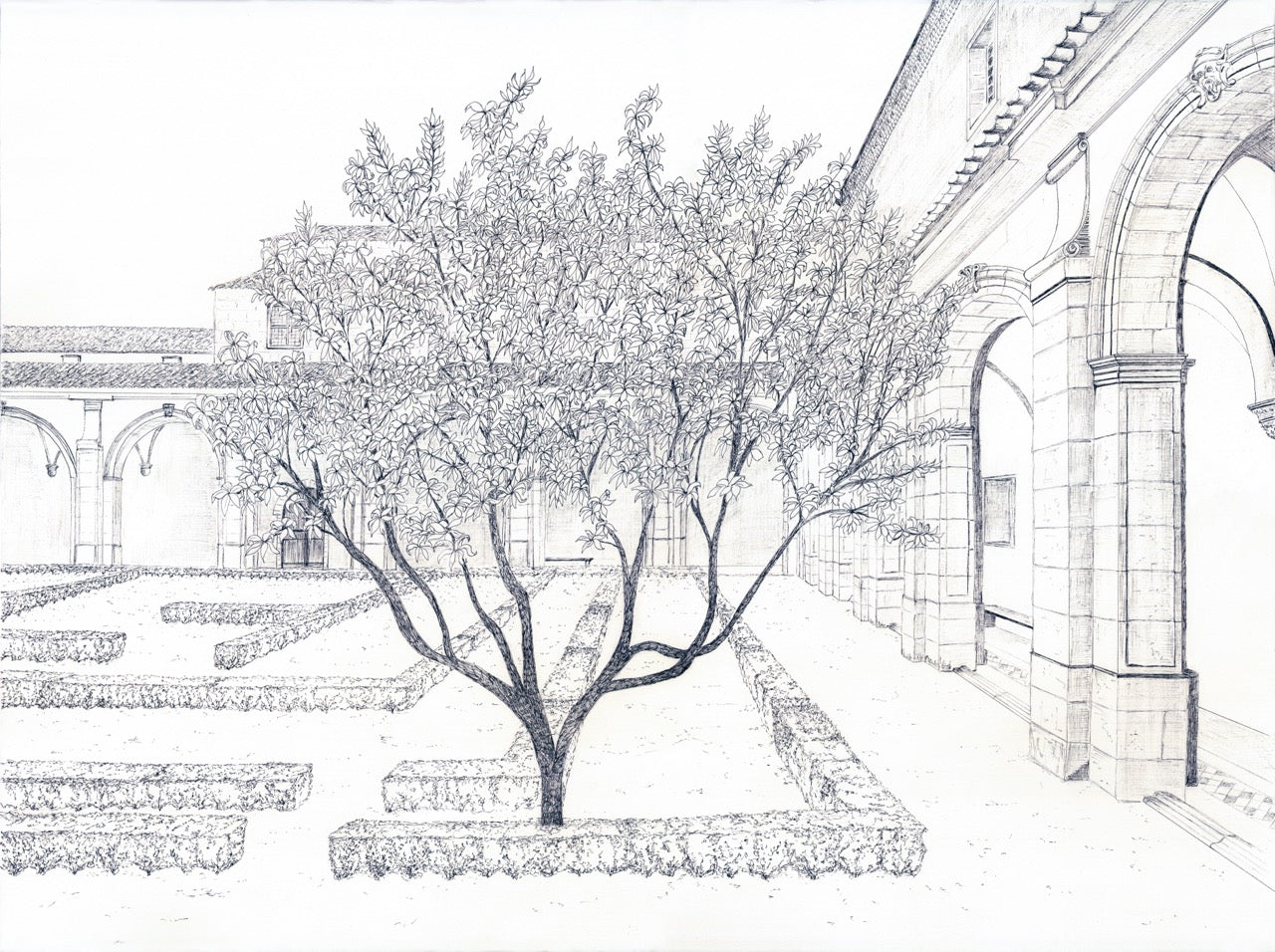 Papier peint panoramique sous les arcades – Jardin en gravure