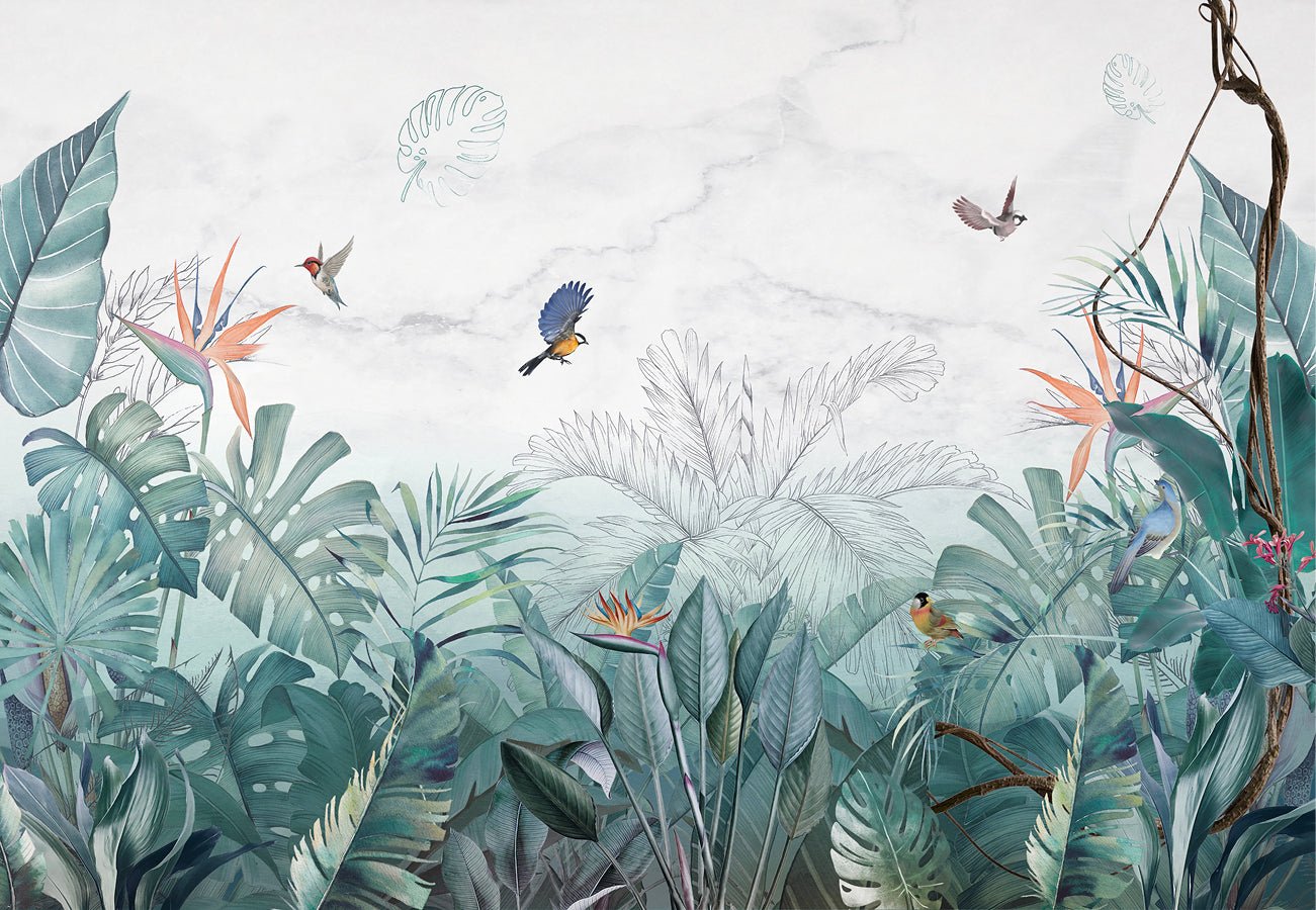 Papier peint salle de bain jungle bleu marbre, XXL, tendance