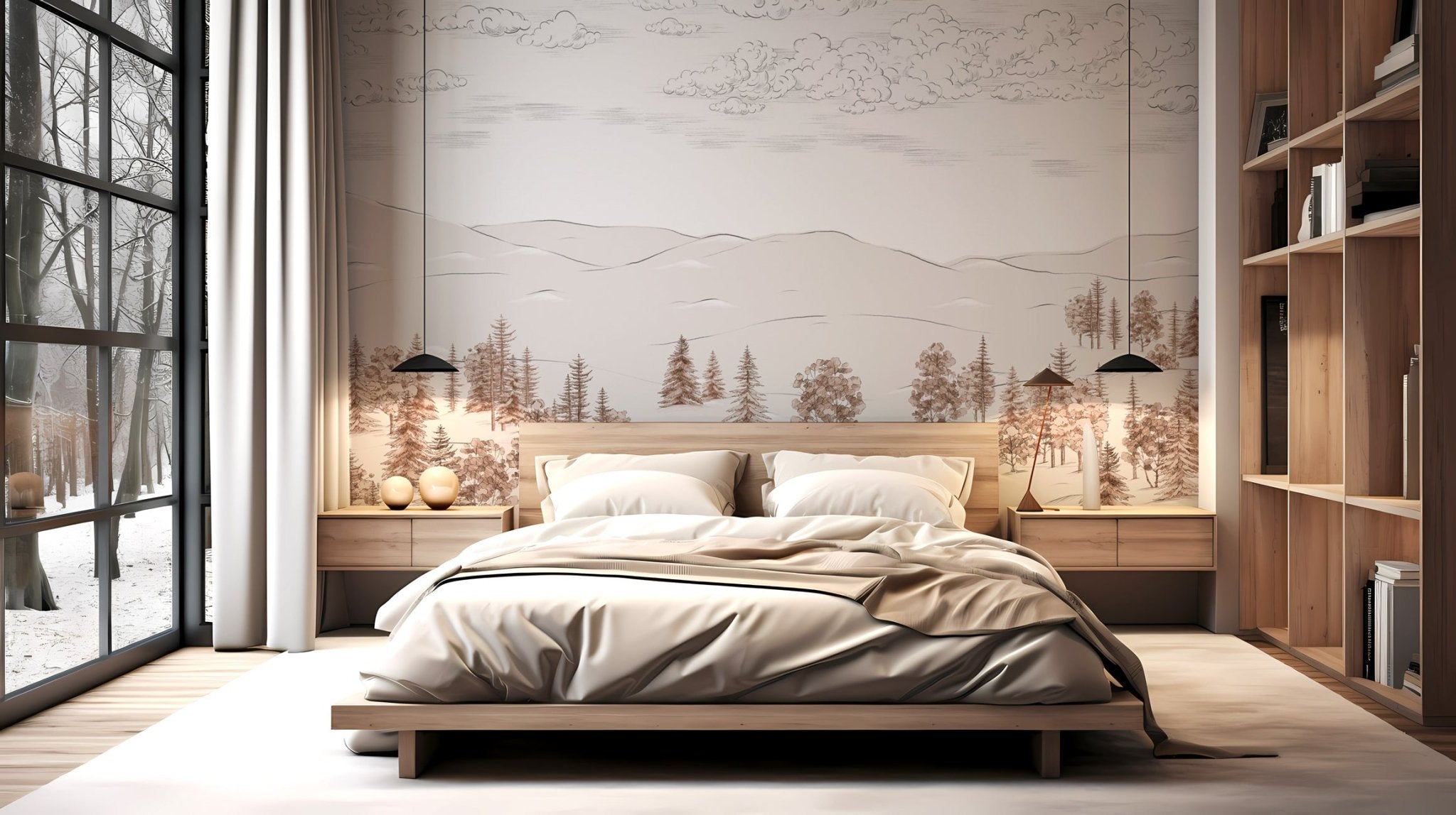 Papier peint esquisse de Cimes sépia, mural concept, tendance