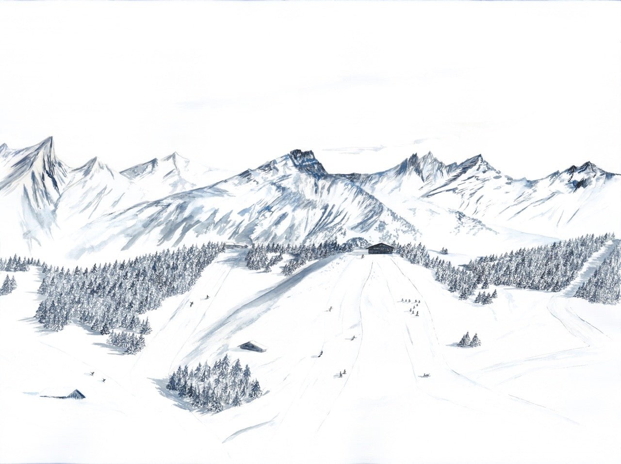 Papier peint montagne Megève – Fresque artistique peinte à la main - Muralconcept