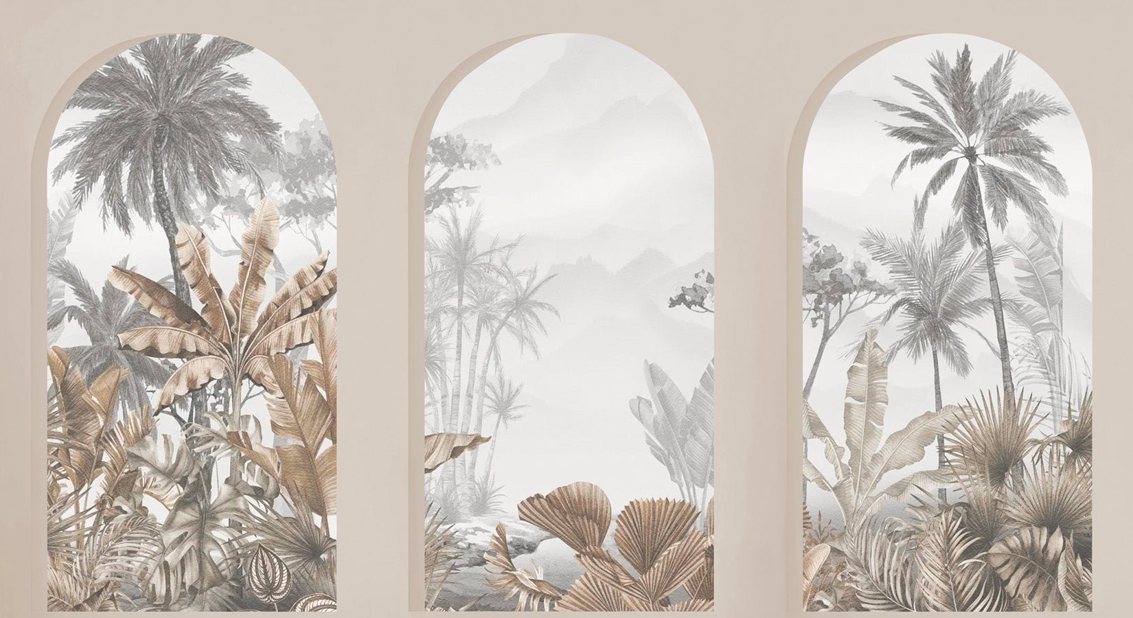 Papier peint arches tropicales sépia, mural concept, tendance