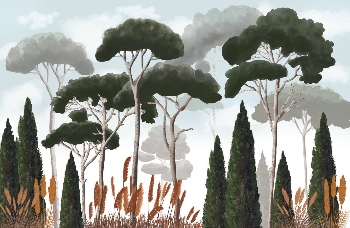 Papier peint sur mesure cyprès pins et herbes de la pampa, mural concept, tendance