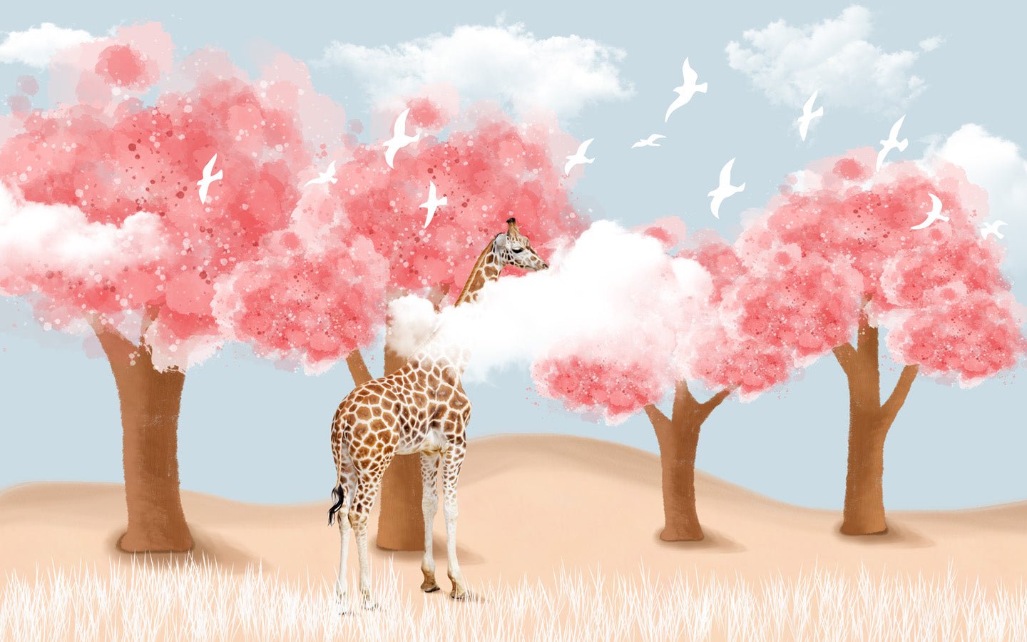 Papier peint panoramique enfant scandinave Girafe & Arbres, mural concept, tendance