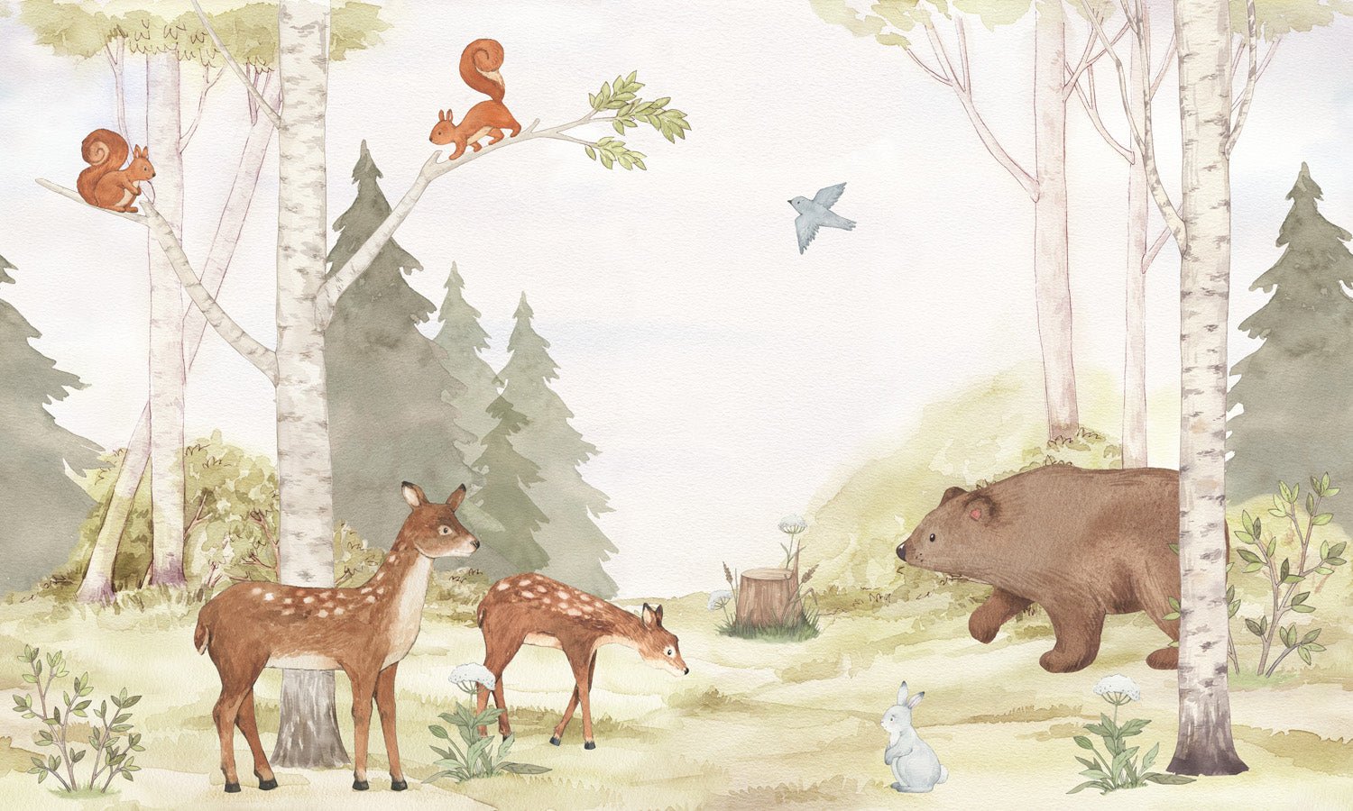 Papier peint forêt enchantée chambre enfant, mural concept, tendance