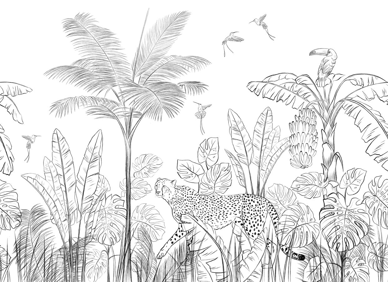 Papier peint jungle noir et blanc léopard, mural concept, tendance