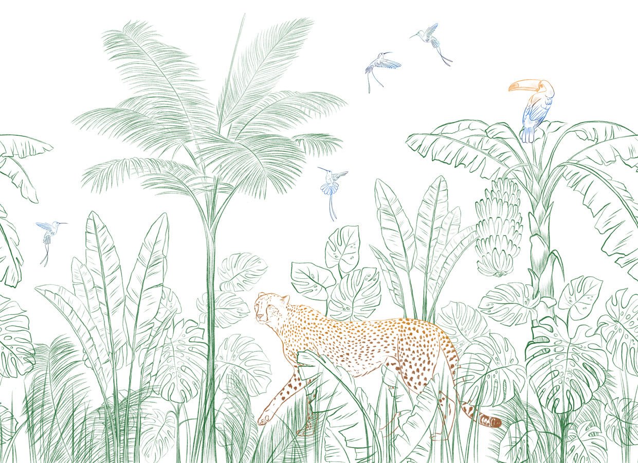 Papier peint jungle léopard vert, mural concept, tendance
