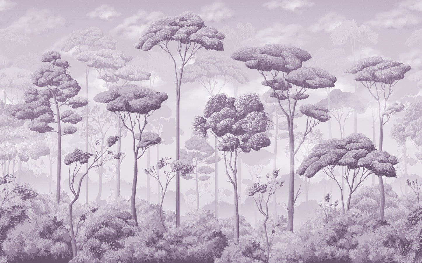 Papier peint panoramique pinède volupté violet, mural concept, tendance
