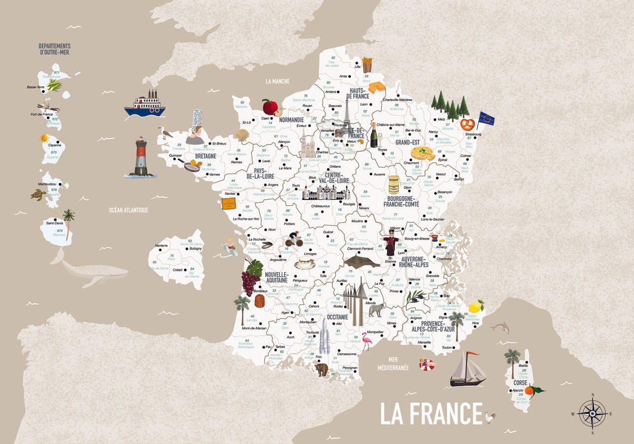 Papier peint carte de France enfant beige, mural concept, tendance