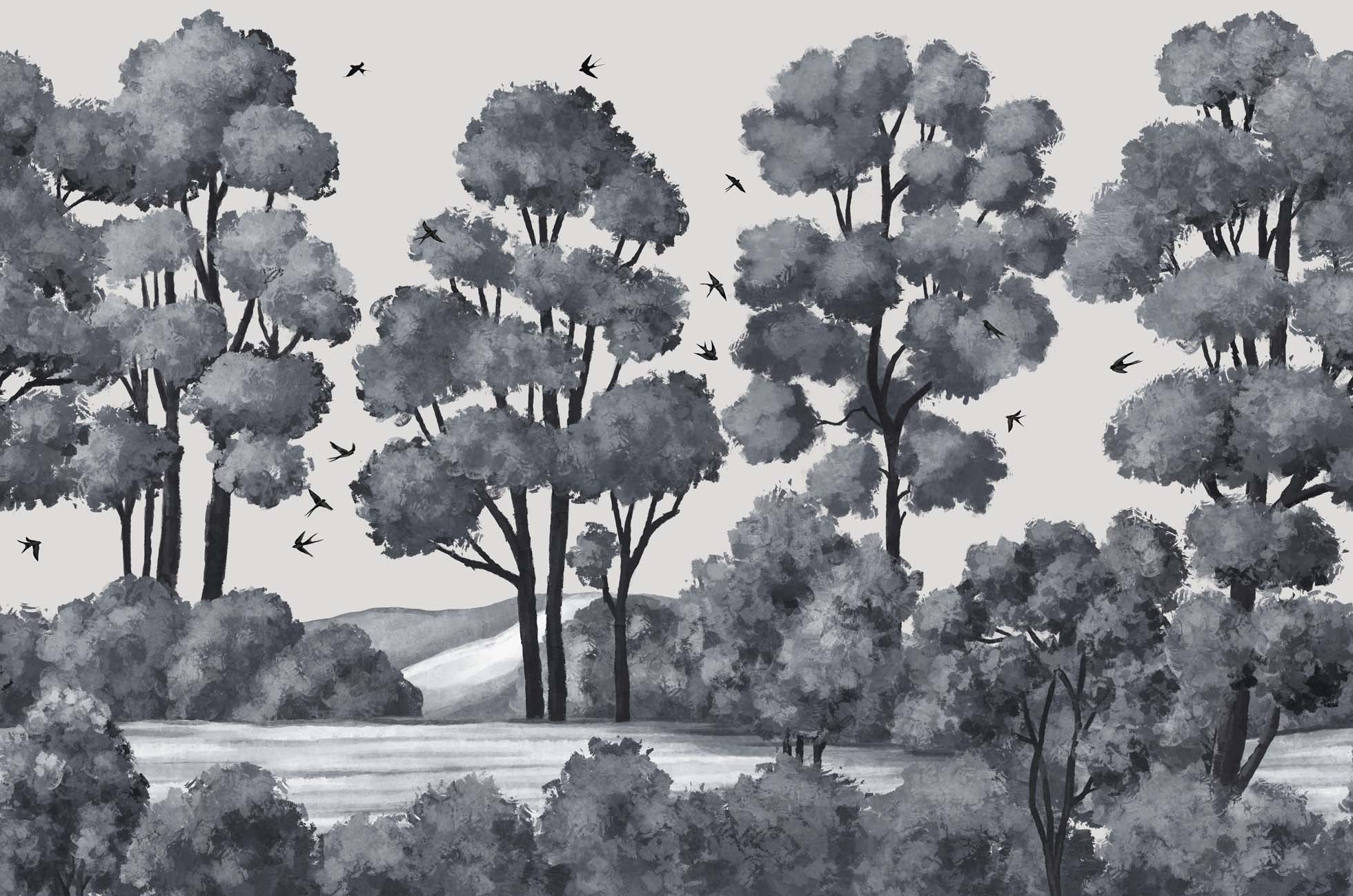 Papier peint paysage rivière forêt gris, XXL, tendance