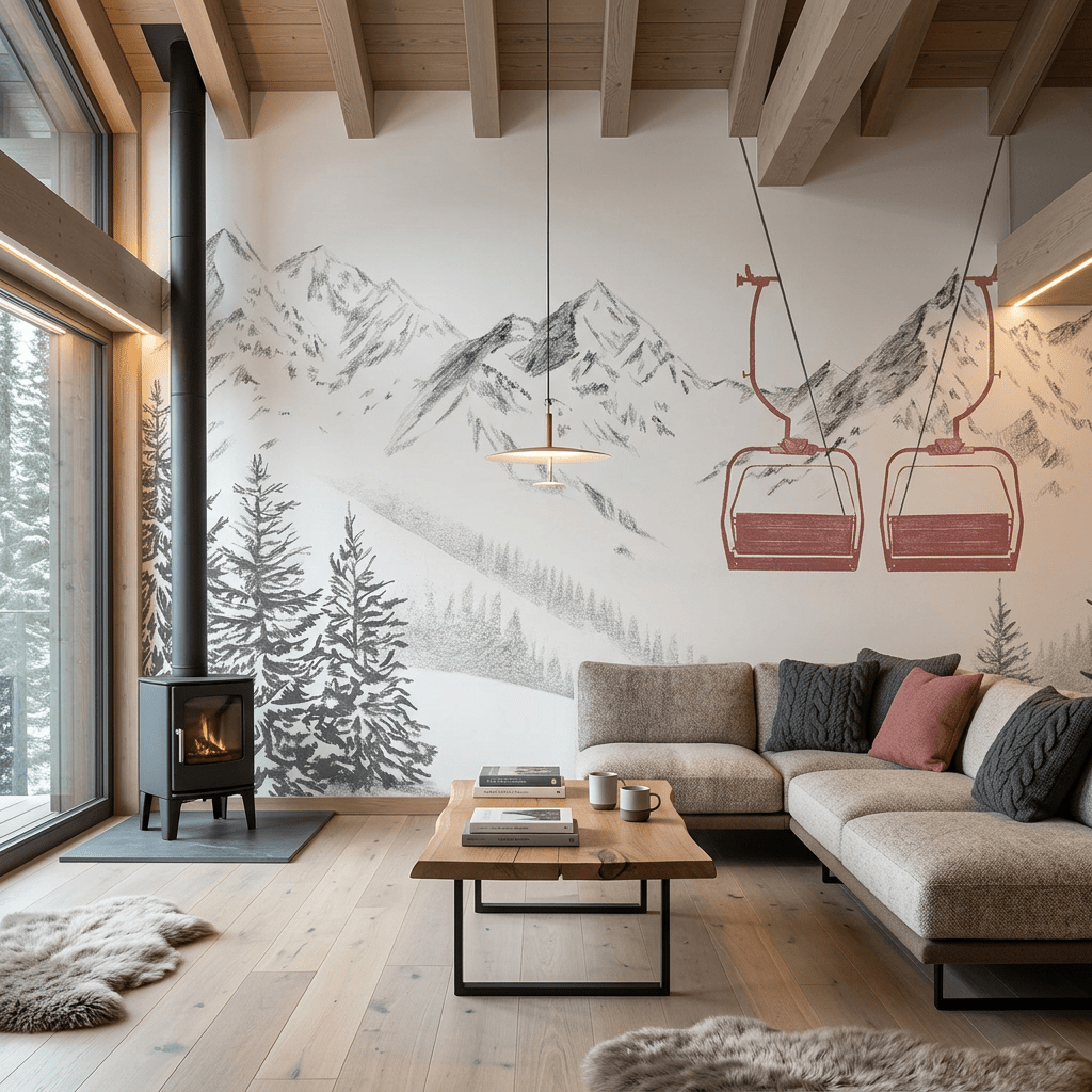 Papier peint immersion Alpine - Télésiège rouge - Muralconcept