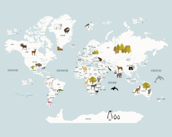Wallpaper World Map in French for Children, Glacier Blue