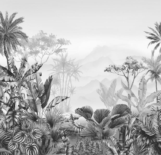 Tropical black and white bathroom wallpaper