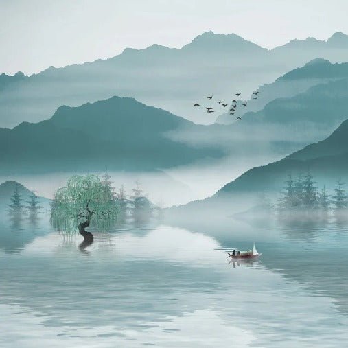 Bathroom wallpaper between mountain and lake