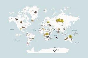Children's map of the world in French glacier blue wallpaper