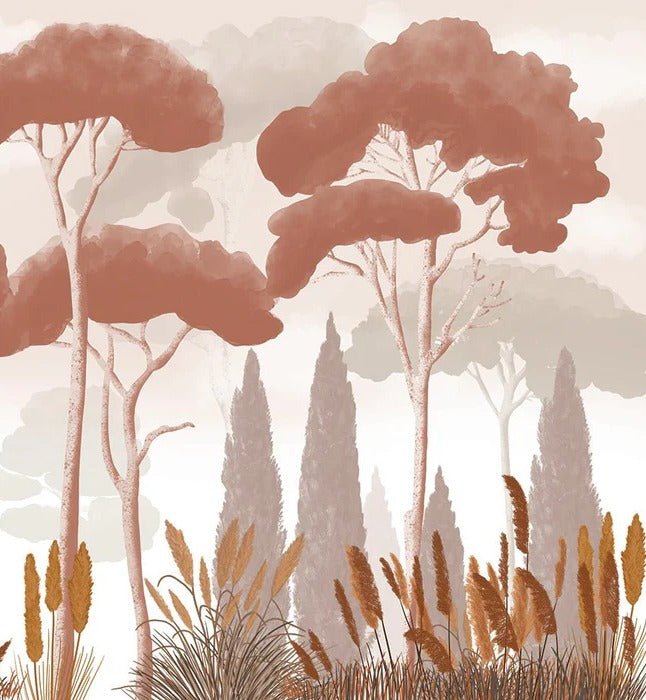 Cypress, pine, and pampas grass wallpaper in terracotta