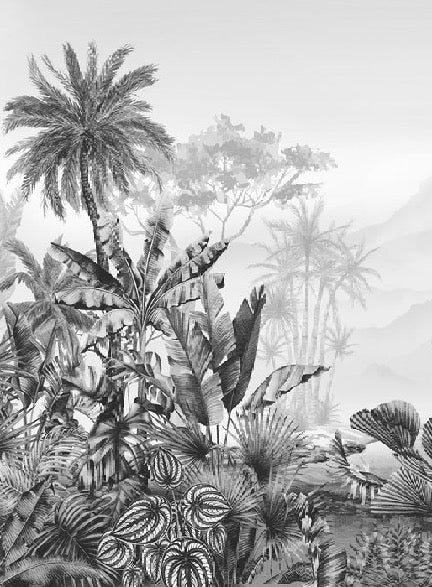 Tropical black and white bathroom wallpaper