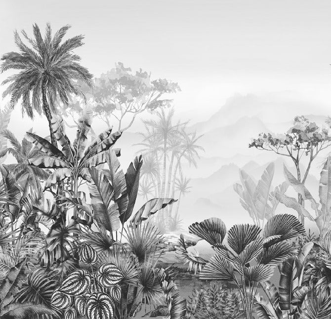 Tropical black and white bathroom wallpaper