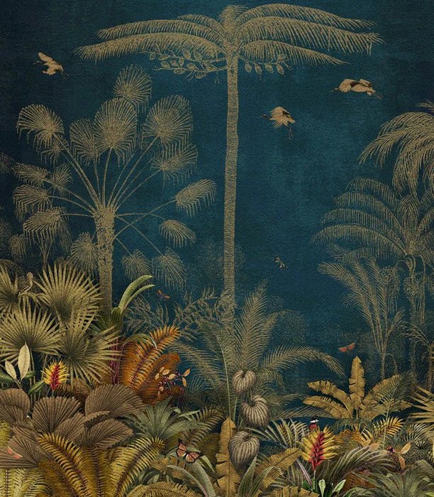 Blue jungle engraving wallpaper