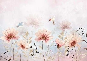 Bucolic flowers & hummingbird wallpaper