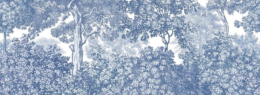 Blue forest landscape engraving wallpaper