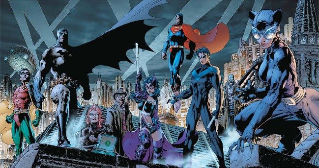 Panoramic justice league hero dark & blue city wallpaper