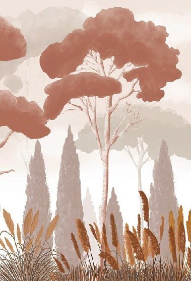 Terracotta cypress, pine and pampas grass wallpaper