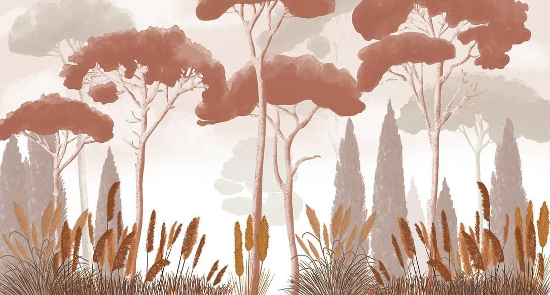 Cypress, pine, and pampas grass wallpaper in terracotta