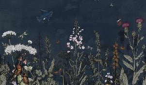 Midnight blue floral panoramic wallpaper