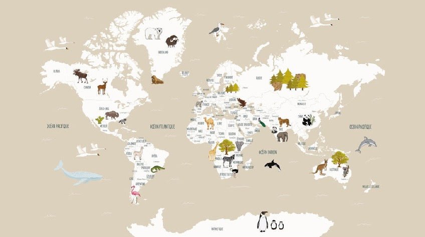 Children's French world map wallpaper beige