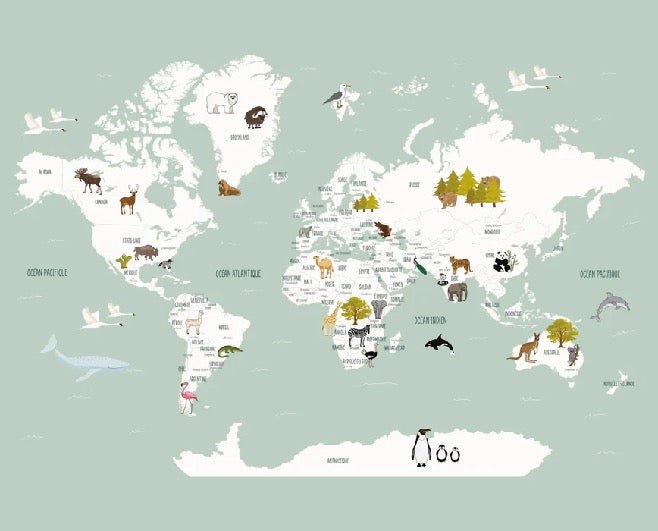 Wallpaper World Map in French for Children, Green