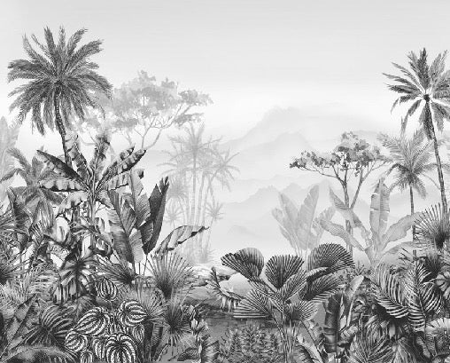 Tropical black and white bathroom wallpaper