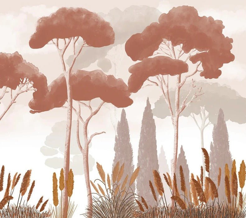 Terracotta cypress, pine and pampas grass wallpaper