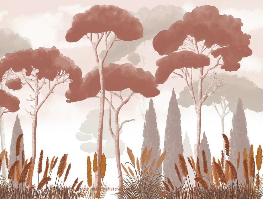 Terracotta cypress, pine and pampas grass wallpaper