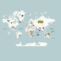 Children's map of the world in French glacier blue wallpaper