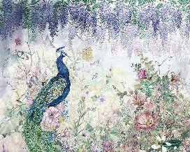 Peacock Blue Peacock Floral Panoramic Wallpaper