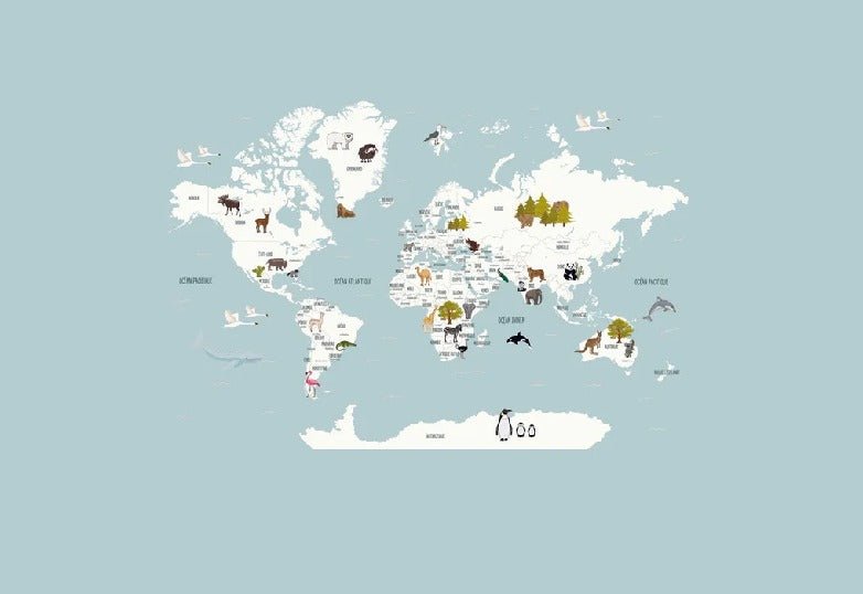 Children's map of the world in French glacier blue wallpaper