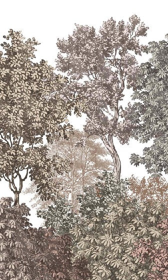 Forest landscape wallpaper with pink engraving