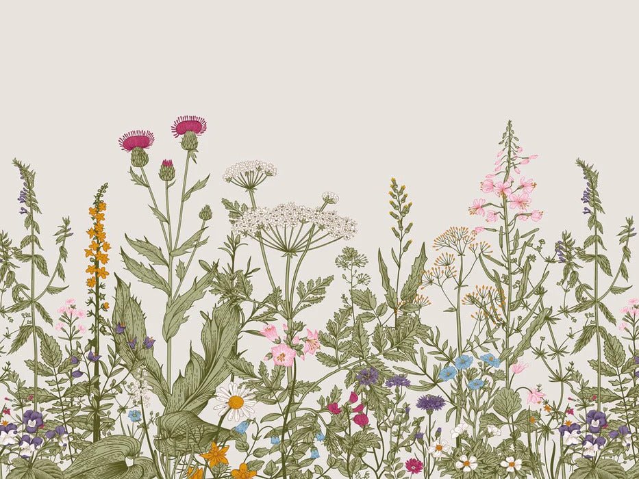 Romantic folk botanical bistro wallpaper