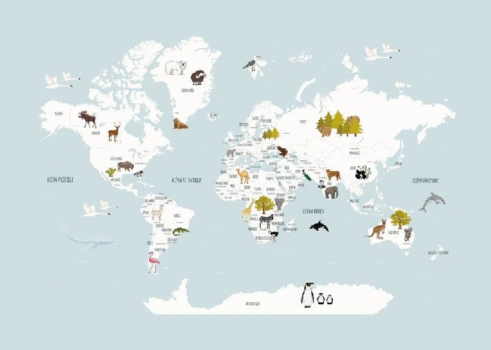 Children's map of the world in French glacier blue wallpaper
