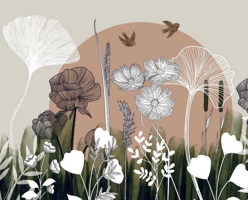 Panoramic wallpaper with floral illustration