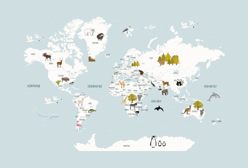 Children's map of the world in French glacier blue wallpaper