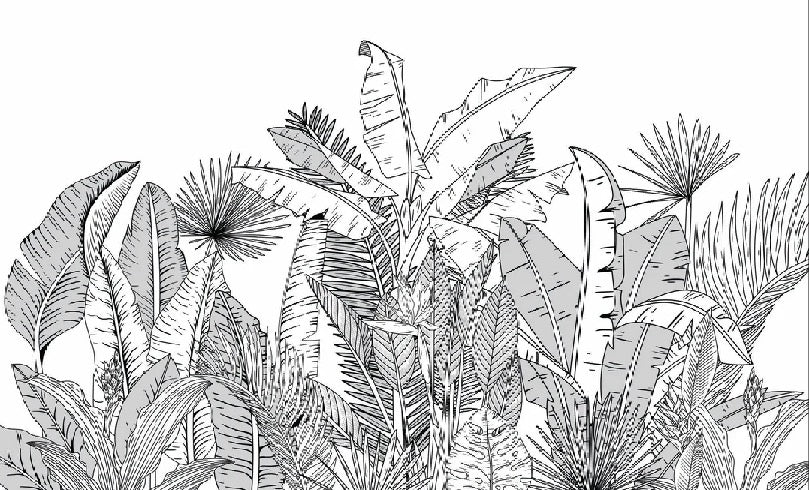 Black and white botanic leaf bathroom wallpaper