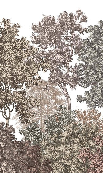 Forest landscape wallpaper with pink engraving
