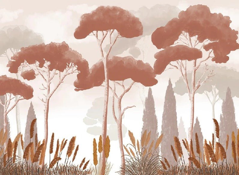 Terracotta cypress, pine and pampas grass wallpaper